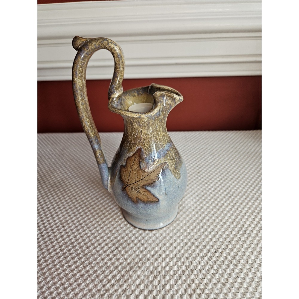 Signed Alewine Pottery Rebekah Pitcher - Maple Leaf Denim Blue Drip Glaze...
